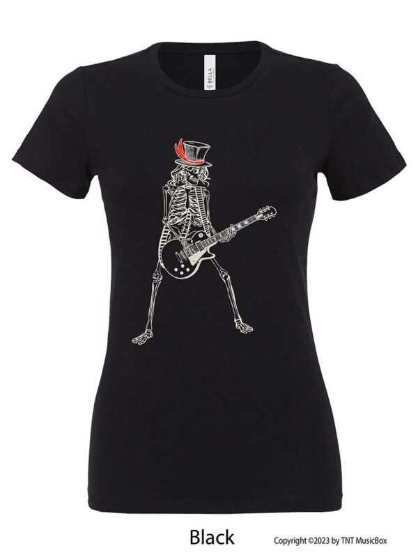 Skeleton Playing Guitar on a Black T-shirt