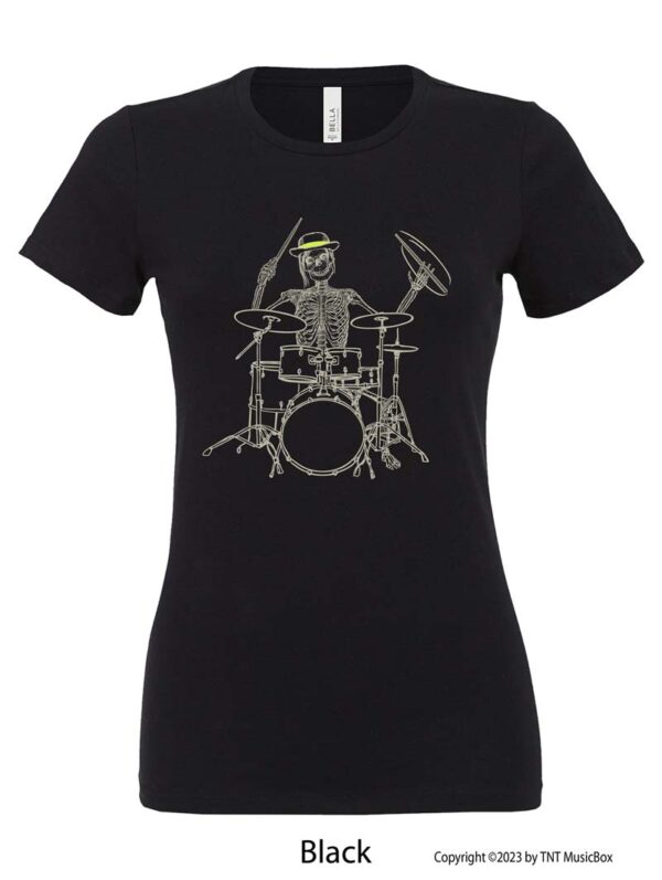 Skeleton playing drums on a Black T-Shirt.