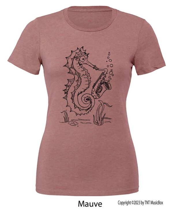 Seahorse playing saxophone on a Mauve t-shirt