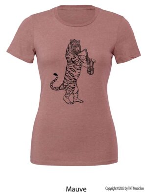 Tiger Playing a Saxophone on a Mauve T-Shirt.