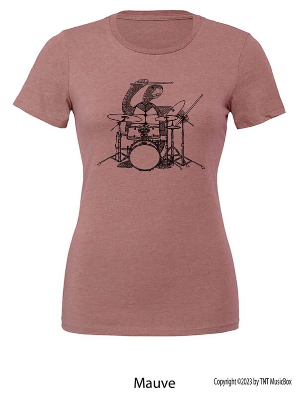 Turtle playing drums on a Mauve shirt.