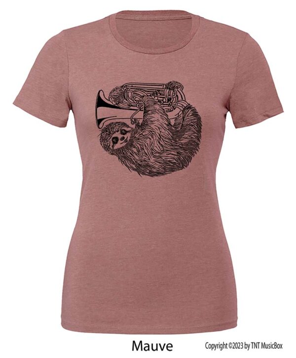 Sloth playing tuba on a Mauve T-Shirt.