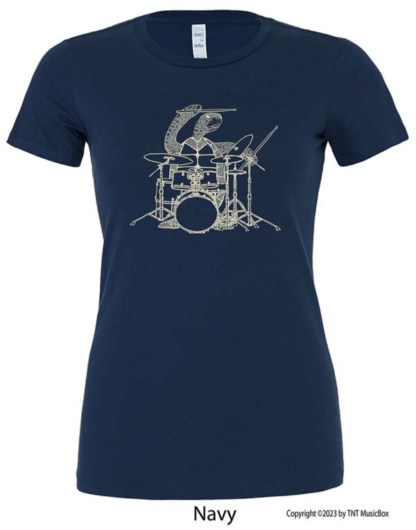 Turtle playing drums on a Navy shirt.
