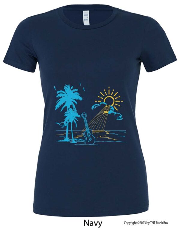 Ukulele on Beach graphic on a Navy T-Shirt.