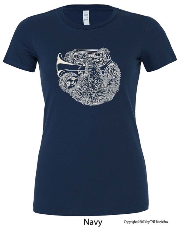 Sloth playing tuba on a Navy T-Shirt.