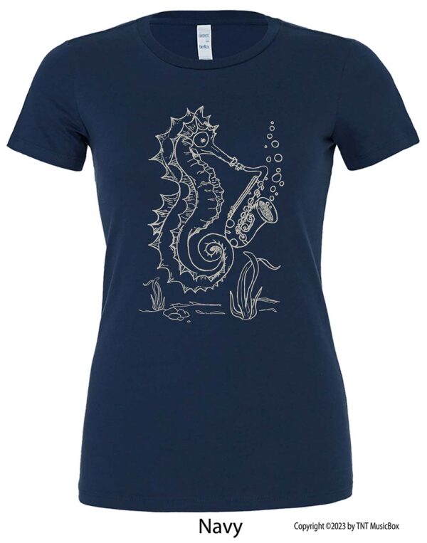Seahorse playing saxophone on a Navy t-shirt