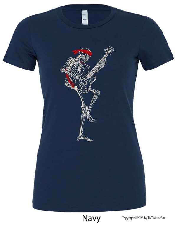 Skeleton Playing Bass on a Navy T-shirt.