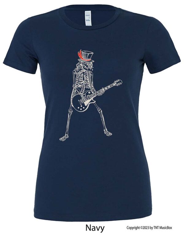 Skeleton Playing Guitar on a Navy T-shirt