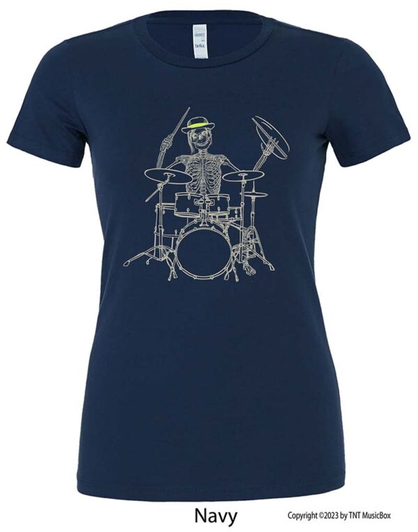 Skeleton playing drums on a Navy T-Shirt.