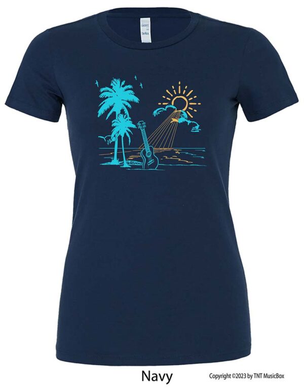 Ukulele on Beach graphic on a Navy T-Shirt.