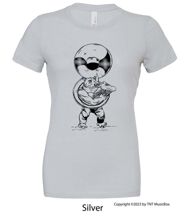 Rhino Playing Sousaphone on a Silver T-shirt.
