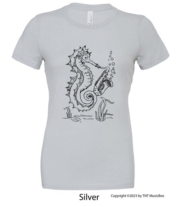 Seahorse playing saxophone on a Silver t-shirt