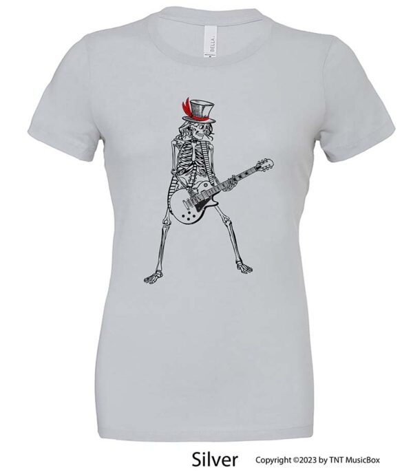 Skeleton Playing Guitar on a Silver T-shirt