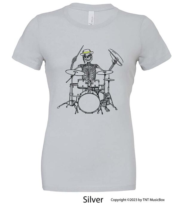 Skeleton playing drums on a Silver T-Shirt.