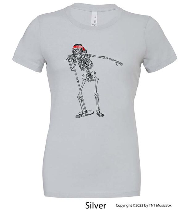 Skeleton singing on a Silver T-Shirt.