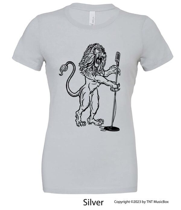 Lion Singing on a Silver T-shirt.