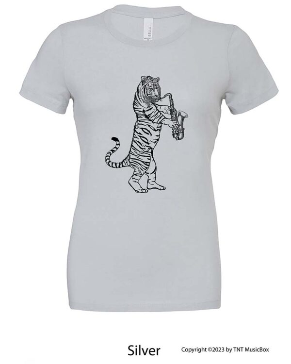 Tiger Playing a Saxophone on a Silver T-Shirt.