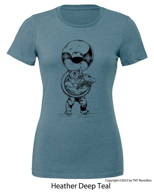 Rhino Playing Sousaphone on a Heather Deep Teal T-shirt.