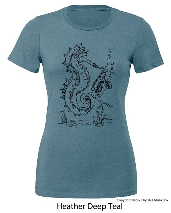 Seahorse playing saxophone on a Heather Deep Teal t-shirt