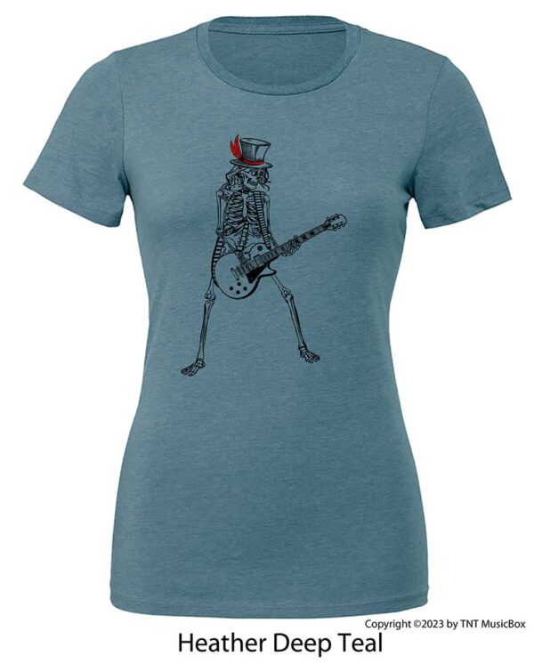 Skeleton Playing Guitar on a Heather Deep Teal T-shirt