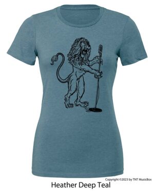 Lion Singing on a Heather Deep Teal T-shirt.