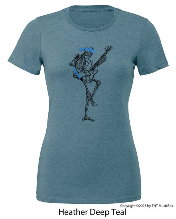 Skeleton Playing Bass on a Heather Deep Teal T-shirt