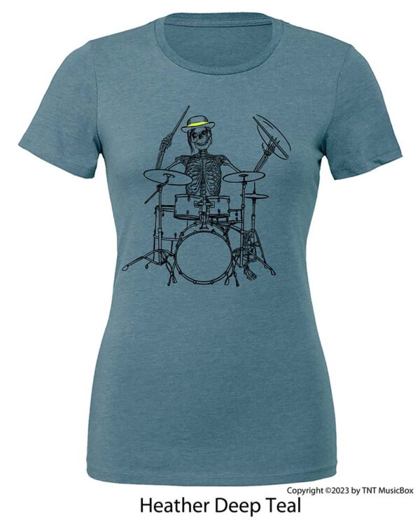 Skeleton playing drums on a Heather Deep Teal T-Shirt.