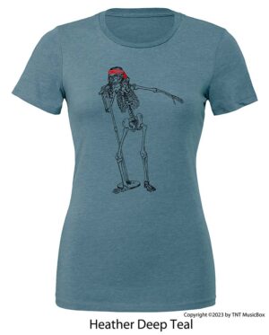 Skeleton singing on a Heather Deep Blue T-Shirt.