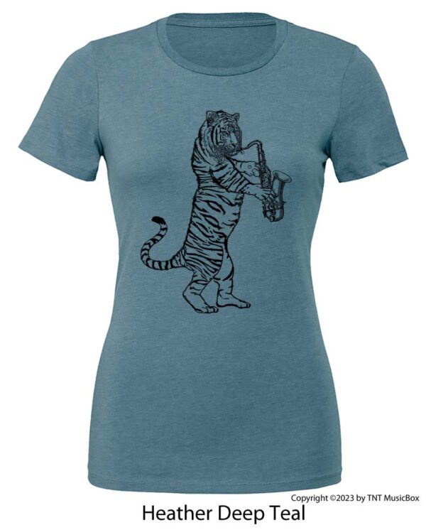 Tiger Playing a Saxophone on a Heather Deep Teal T-Shirt.