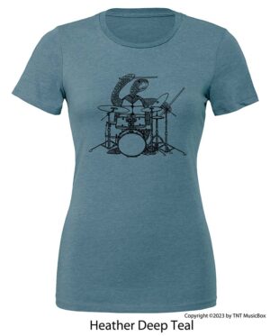 Turtle playing drums on a Heather Deep Teal shirt.