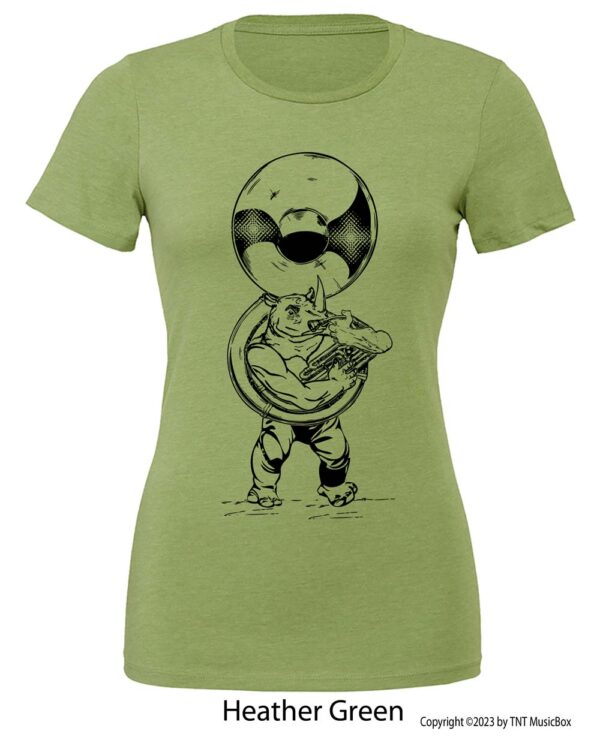 Rhino Playing Sousaphone on a Heather Green T-shirt.