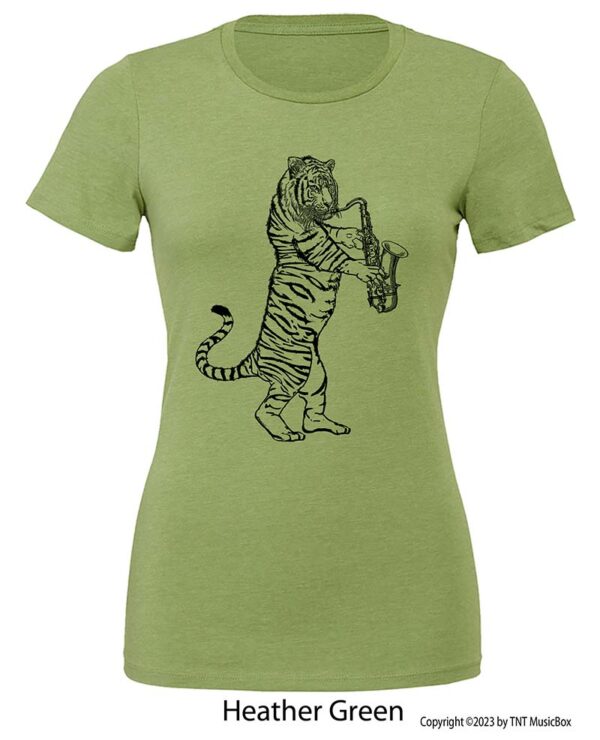 Tiger Playing a Saxophone on a Heather Green T-Shirt.