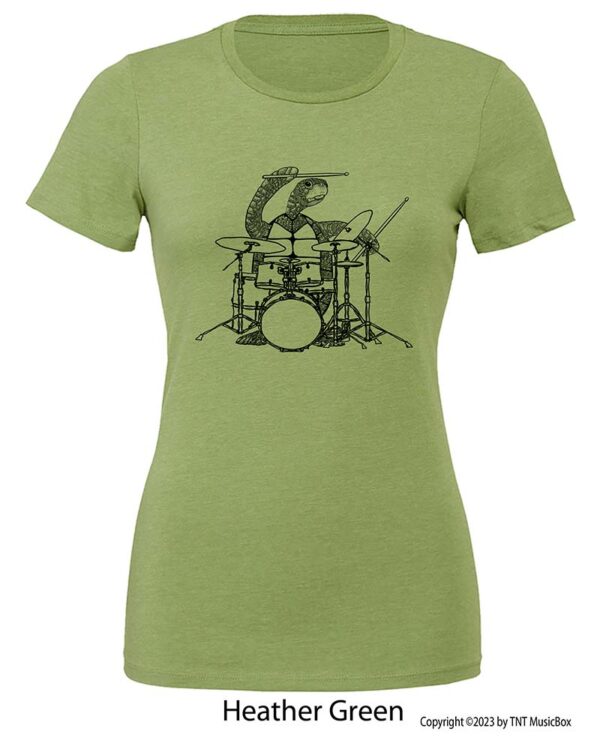 Turtle playing drums on a Heather Green T-shirt.