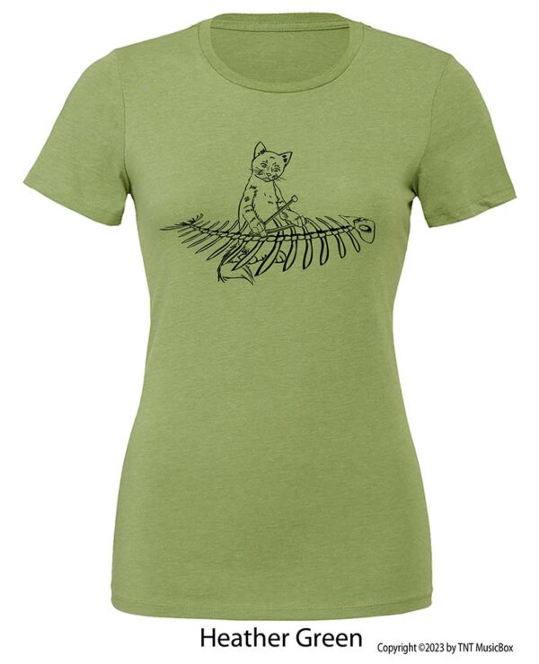 Cat Playing Marimba on a Heather Green T-Shirt.