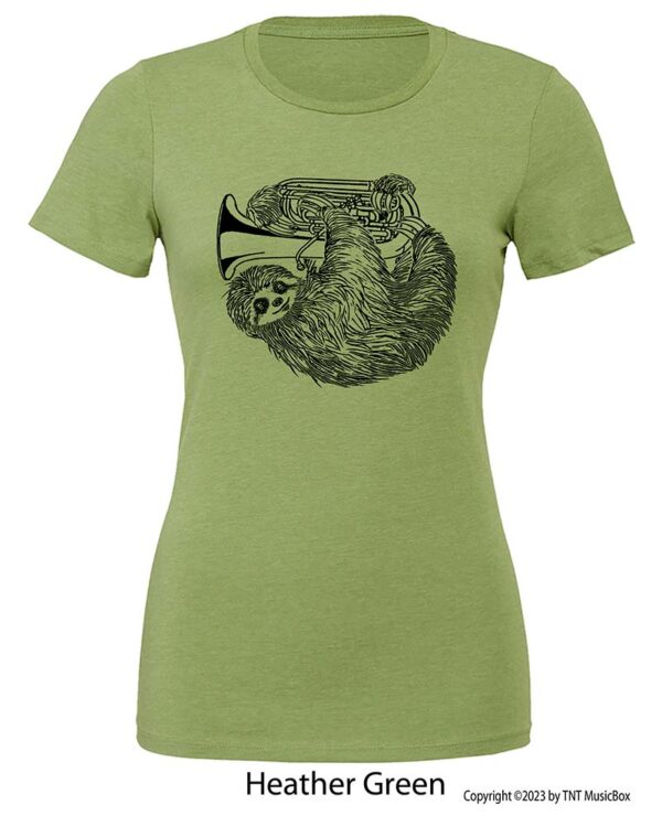 Sloth playing tuba on a Heather Green T-Shirt.