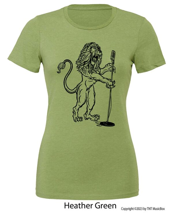 Lion Singing on a Heather Green T-shirt.