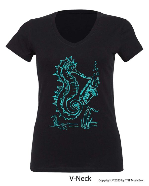 Seahorse playing saxophone on a V-Neck t-shirt