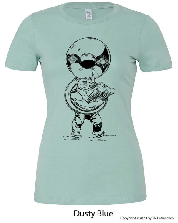 Rhino Playing Sousaphone on a Dusty BlueT-shirt.