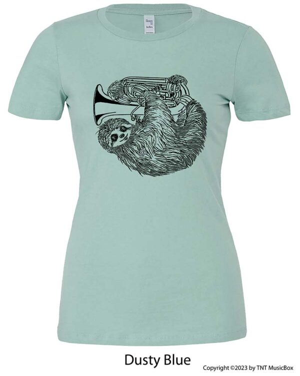 Sloth playing tuba on a Dusty Blue T-Shirt.