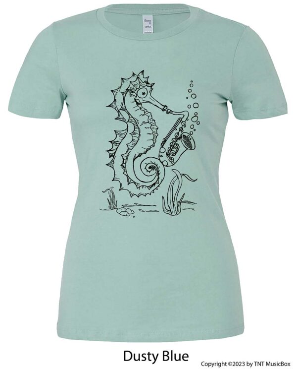 Seahorse playing saxophone on a Dusty Blue t-shirt
