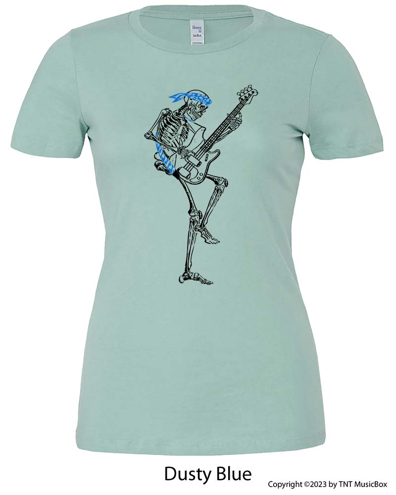Skeleton Playing Bass on a Dusty Blue T-shirt