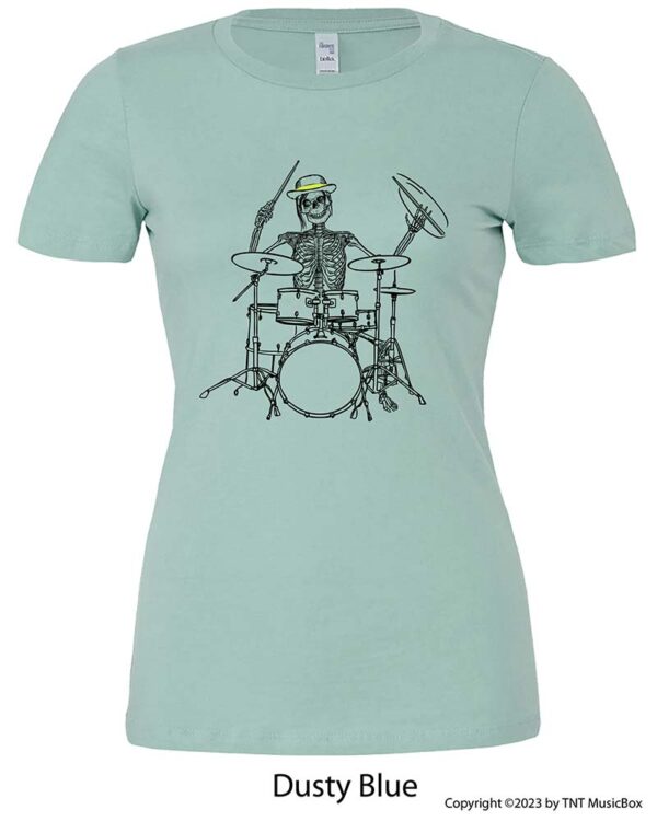 Skeleton playing drums on a Dusty Blue T-Shirt.