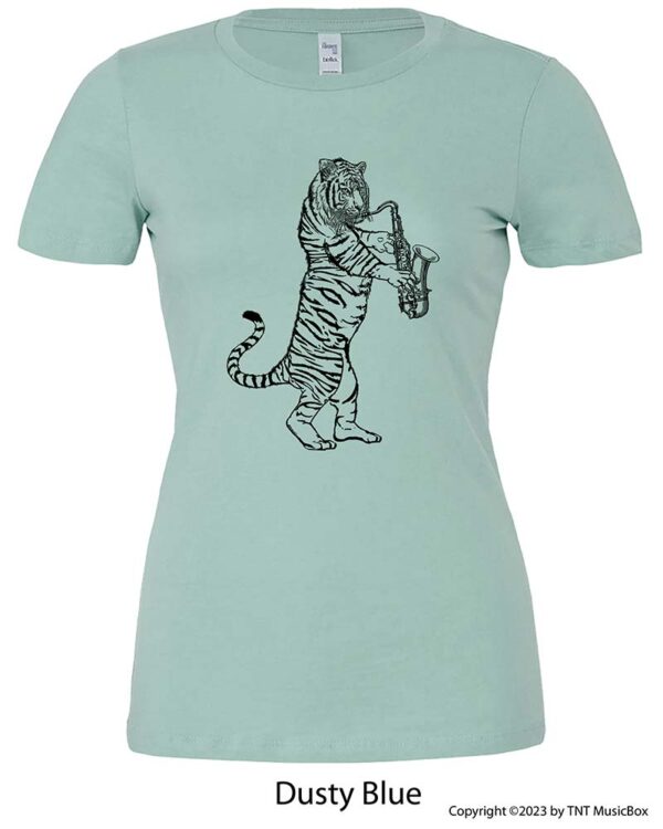 Tiger Playing a Saxophone on a Dusty Blue T-Shirt.