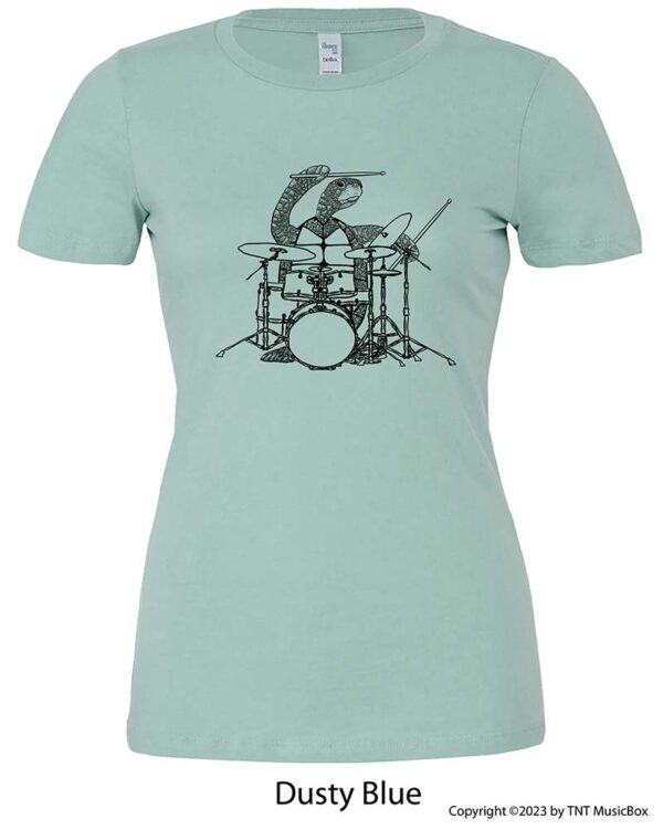 Turtle playing drums on a Dusty Blue T-shirt.