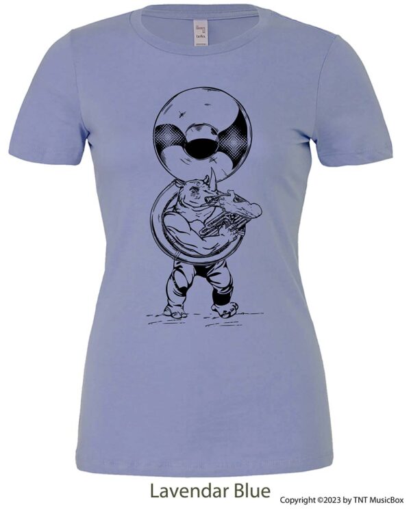 Rhino Playing Sousaphone on a Lavender Blue T-shirt.