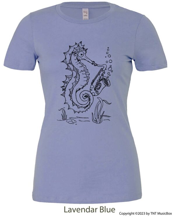 Seahorse playing saxophone on a Lavender Blue t-shirt