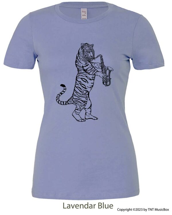 Tiger Playing a Saxophone on a Lavender Blue T-Shirt.