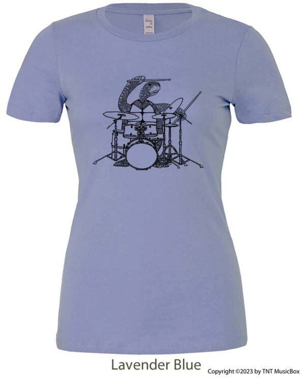 Turtle playing drums on a Lavender Blue T-shirt.