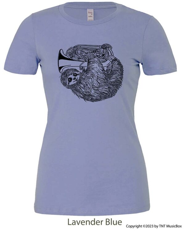 Sloth playing tuba on a Lavender Blue T-Shirt.