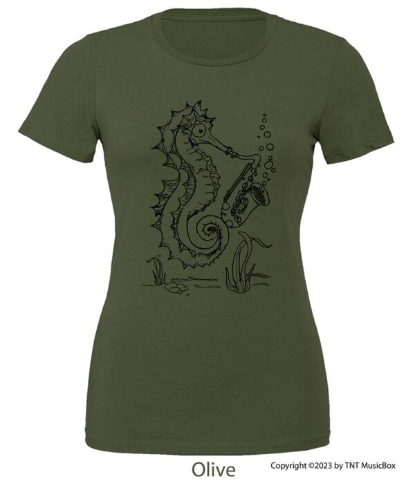 Seahorse playing saxophone on an Olive t-shirt